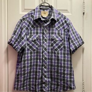 Wrangler Mens Purple Plaid Short Sleeve Pearl Snap Western Rodeo Shirt Large